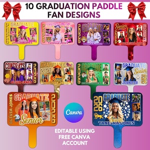 May include: Ten graduation paddle fan designs with photos, names, and the year 2026. The paddles feature various colours, including yellow, pink, purple, red, green, and blue. The text includes "Graduate," "Senior," and "Congrats."