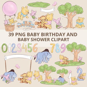 Winnie the Pooh PNG Clipart Bundle: Baby Shower & Birthday PNG (39 Files)