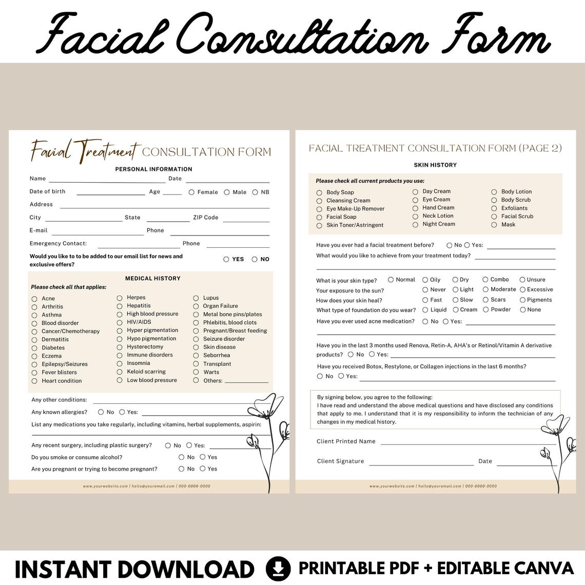 EDITABLE Facial Consultation Form, Client Intake Beauty Salon Printable ...