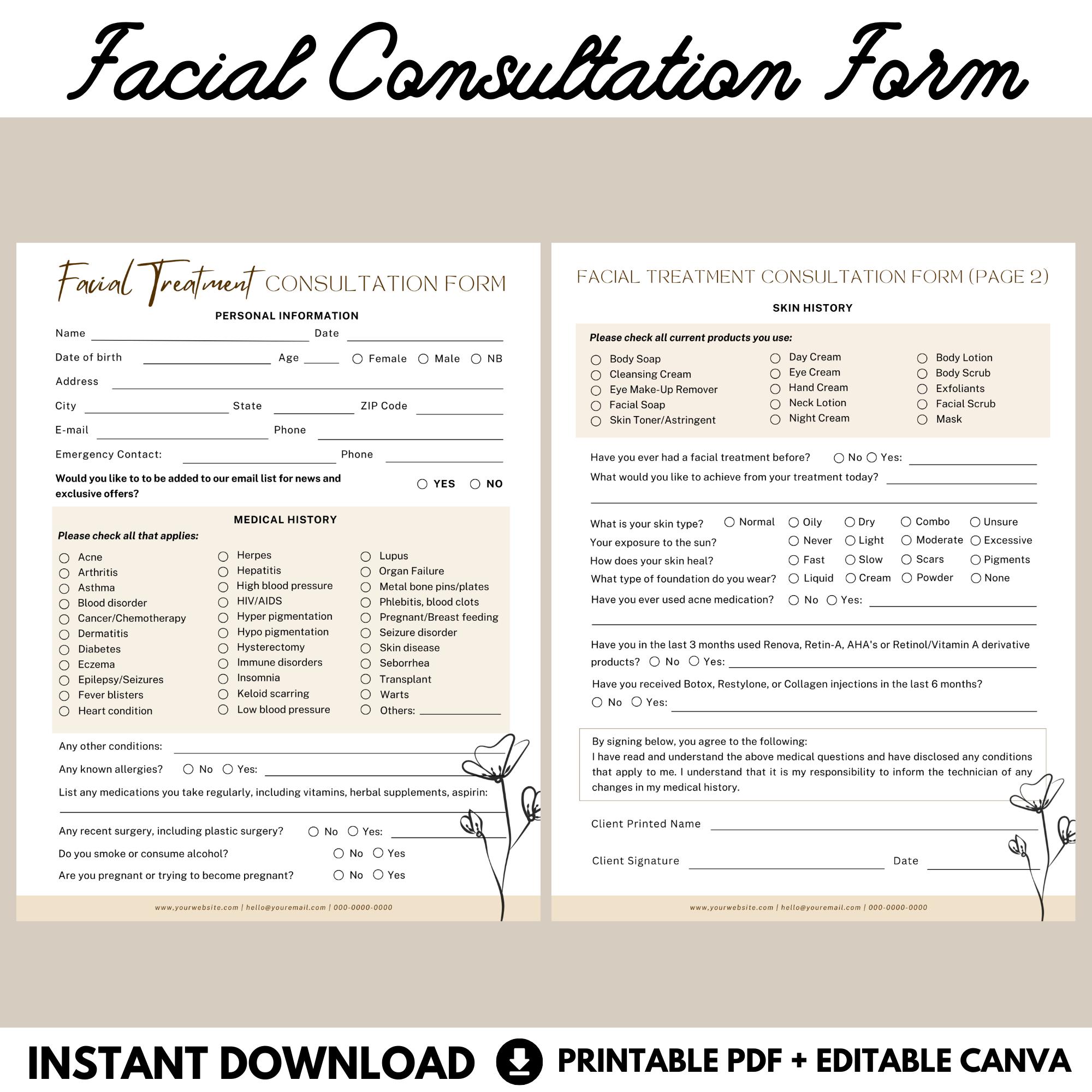 EDITABLE Facial Consultation Form, Client Intake Beauty Salon Printable ...