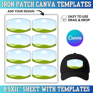 May include: A digital sheet of iron patch Canva templates measuring 21.6x27.9 cm, featuring eight oval frames with a landscape graphic of green hills and a blue sky. A black baseball cap displays one of the patches, and the text reads IRON PATCH CANVA TEMPLATES, ADD YOUR DESIGN, EASY TO USE DRAG & DROP, and 8.5X11 SHEET WITH TEMPLATES.