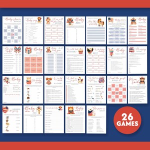 May include: A set of 26 printable baby shower games featuring a red, white, and blue color scheme with illustrations of animals and other baby-related themes. The games include "Baby Bingo", "Baby ABC", "Guess Who", "Would Dad Rather", "What's in Your Bag", "Find the Guest Bingo", "Mom Said, Dad Said", "Animal Pictionary", "Baby Name Scramble", "The Price is Right", and more.