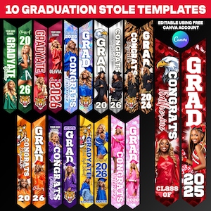 May include: A collection of ten graduation stole templates with various designs. Each stole features a photo, the word "GRAD," and "CONGRATS." Some stoles include the graduate's name, school year, and a tiger or eagle graphic. The text "10 GRADUATION STOLE TEMPLATES" is at the top.