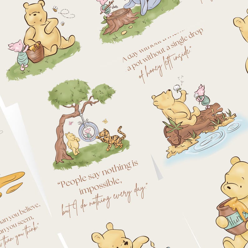 Winnie the Pooh Quotes Print Set: Classic Nursery Wall Art, Party ...