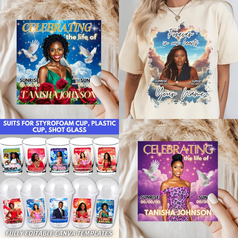 Puede incluir: Una colecci&oacute;n de productos conmemorativos, que incluyen una camiseta, tarjetas y vasos de chupito, todos con im&aacute;genes de una mujer y el texto "Celebrating the life of". Los dise&ntilde;os incluyen palomas, elementos florales y "Forever in our hearts."