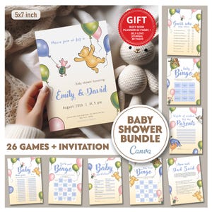 Winnie the Pooh Baby Shower Invitation & Games Bundle (Canva Template)