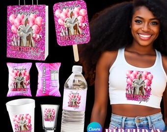 Modèles de décoration d'anniversaire à paillettes : lot de cadeaux, t-shirt, tasse en polystyrène, autocollant
