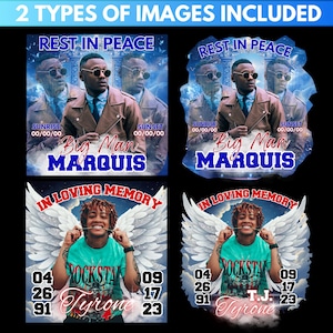 Puede incluir: Dise&ntilde;os conmemorativos digitales. Un dise&ntilde;o dice "Rest in Peace" con un hombre con abrigo marr&oacute;n y gafas de sol. El otro dise&ntilde;o dice "In Loving Memory" con un hombre con alas de &aacute;ngel. El texto incluye nombres y fechas.