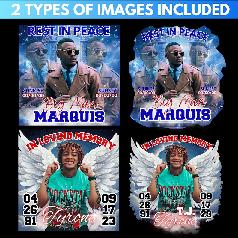 Puede incluir: Dise&ntilde;os conmemorativos digitales. Un dise&ntilde;o dice "Rest in Peace" con un hombre con abrigo marr&oacute;n y gafas de sol. El otro dise&ntilde;o dice "In Loving Memory" con un hombre con alas de &aacute;ngel. El texto incluye nombres y fechas.