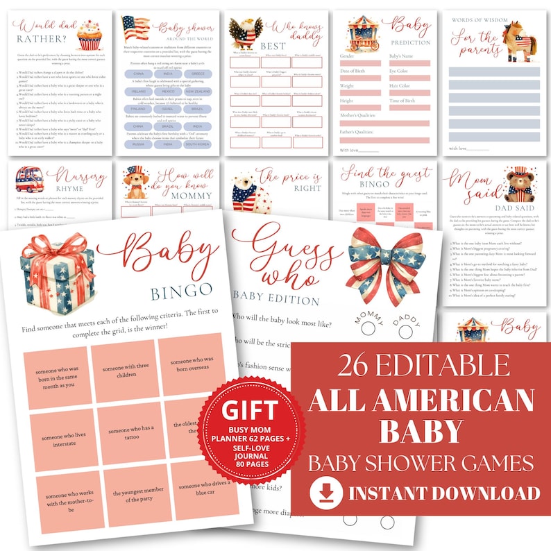 All American Baby Shower Canva Game Bundle: 4th of July Printable Baby Games image 1