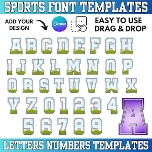 Puede incluir: Una plantilla de fuente deportiva con el alfabeto y los números en un estilo claro y delineado, con un diseño de campo verde en la base. Los textos "SPORTS FONT TEMPLATES" y "LETTERS NUMBERS TEMPLATES" se muestran arriba y abajo.