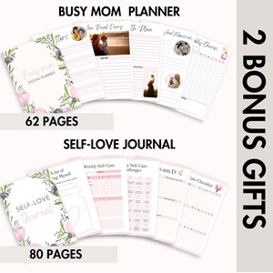 May include: A digital planner and journal set with pink floral designs. The planner is titled "Busy Mom Digital Planner" and has 62 pages. The journal is titled "Self-Love Journal" and has 80 pages. The set includes two bonus gifts.