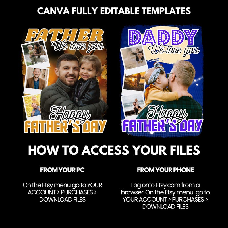 Peut inclure: Un mod&egrave;le num&eacute;rique pour la f&ecirc;te des p&egrave;res avec deux designs. L'un dit "Father" et l'autre "Daddy", tous deux avec des photos et le texte "Happy Father's Day". Des instructions pour acc&eacute;der aux fichiers sont &eacute;galement incluses.