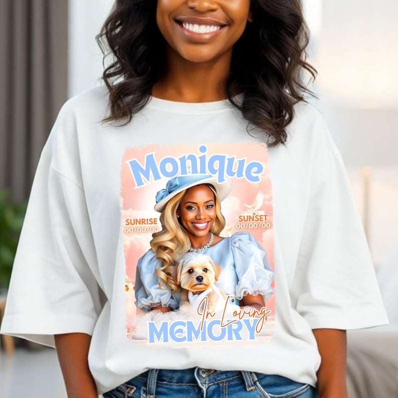 Mall för minnes-T-shirt i Canva: Redigerbar T-shirt med foto för kärleksfullt minne, begravningsbakgrund bild 5