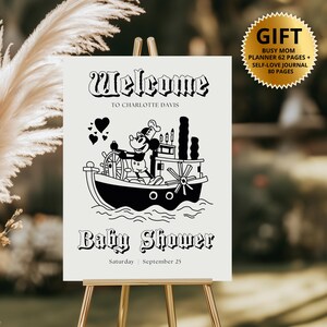Steamboat Willie Vintage Baby Shower Welcome Sign, Welcome Classic 1928 Steamboat Willie Instant Template Printable, Vintage Baby Poster