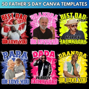 K&ouml;nnte beinhalten: Ein digitales Grafikdesign mit sechs Canva-Vorlagen zum Vatertag. Die Designs enthalten die Phrasen "Best Dad Ever", "Grandpa", "Papa" und "Dada" mit den Botschaften "We Love You" und "Happy Father's Day". Jedes Design hat ein einzigartiges Farbschema.