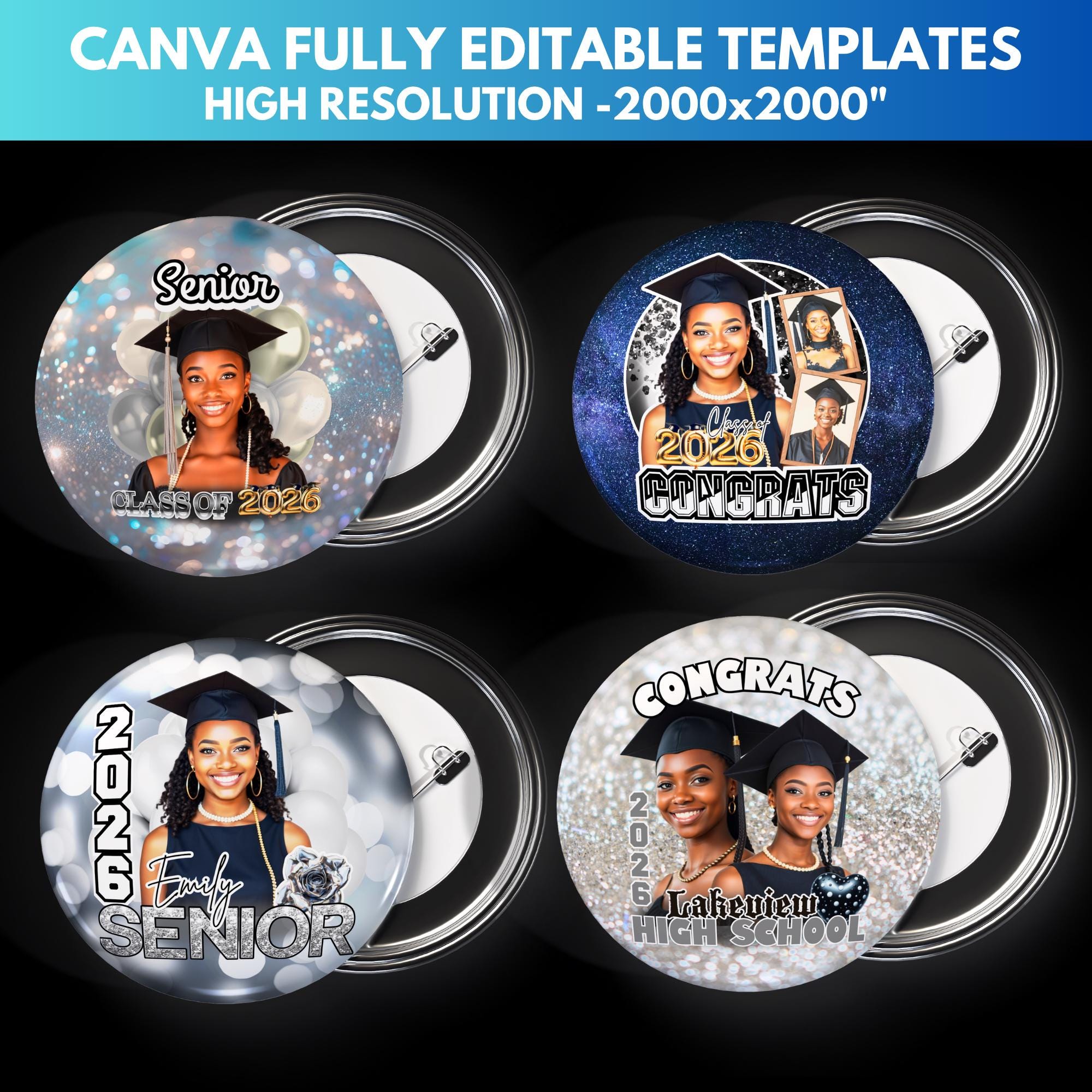 Grad Button Template Silver Graduation Pin Button Template: Canva Editable Graduation Party ...