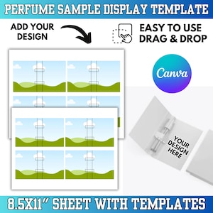 May include: A perfume sample display template with the text "PERFUME SAMPLE DISPLAY TEMPLATE", "ADD YOUR DESIGN", and "EASY TO USE DRAG & DROP". The template includes multiple sample card designs and a Canva logo.
