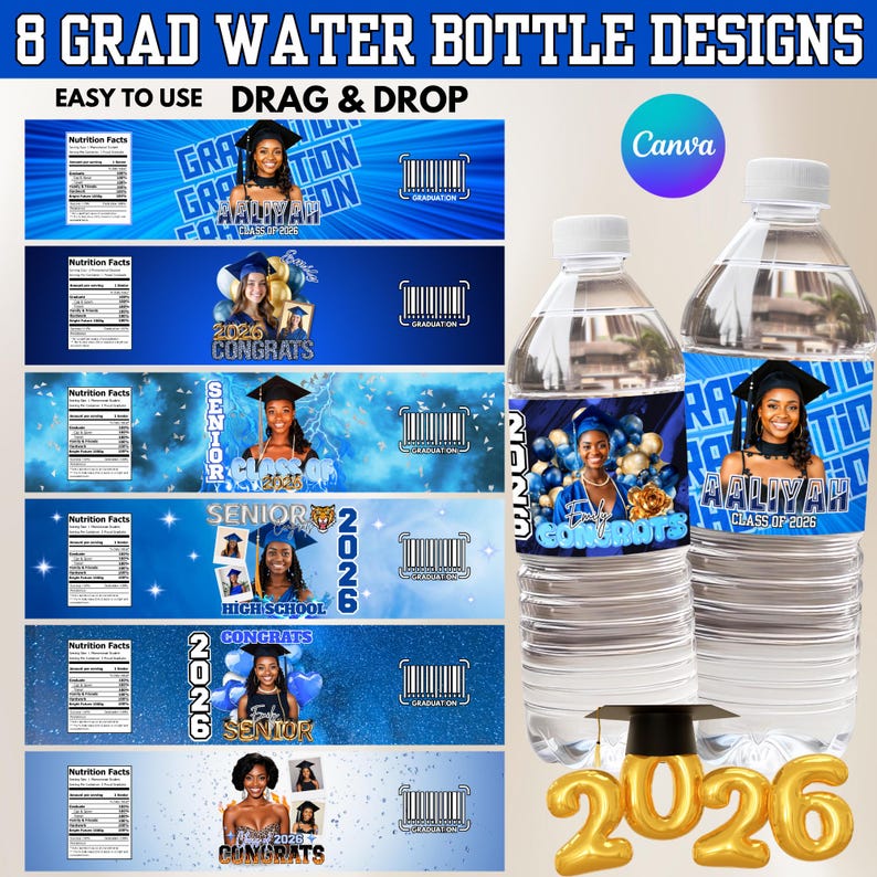 Blue Graduation Water Bottle Label Canva Template, Grad 2026 Editable ...