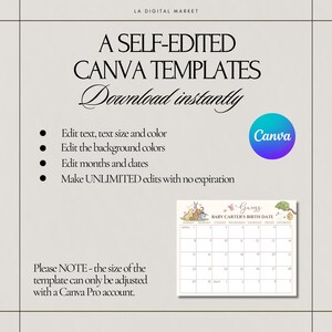 Op de afbeelding: Een Canva-sjabloon voor een baby-geboortedatumkalender. De kalender is versierd met een schattige illustratie van bosdieren en de tekst "Gregs Baby Carter's Birth Date".