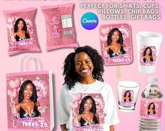 Pink Leopard Birthday Party Templates: Party Favor Canva Designs,  T-shirt, Styrofoam Cup Chip Bag