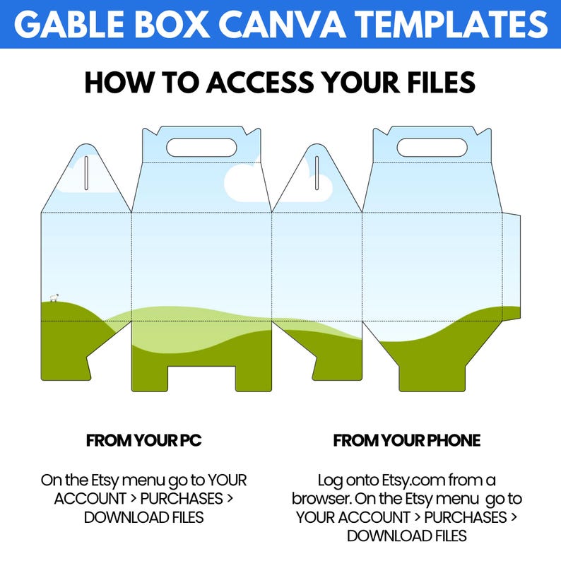 May include: Diagram of a gable box template with instructions on how to access files from a PC and phone. The box design features a blue sky and green landscape. Text at the top reads "GABLE BOX CANVA TEMPLATES" and "HOW TO ACCESS YOUR FILES."