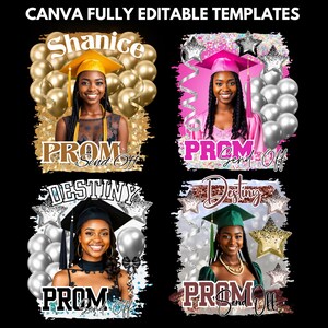 Pu&ograve; includere: Quattro design a tema laurea con il testo "CANVA FULLY EDITABLE TEMPLATES" in alto. Ogni design presenta una persona sorridente con un cappello di laurea, con le parole "PROM Send Off" e un nome.