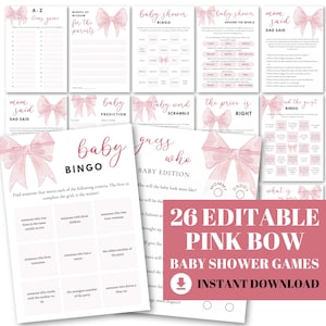 Rosa rosett babyshower-spelpaket: 26 redigerbara spel (Canva-mall)