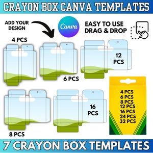 7 Crayon Box Templates: Party Favor Box,  Wax Color Pen Canva Editable (Digital Download)