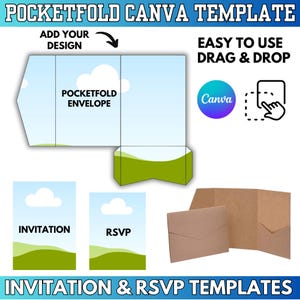 Puede incluir: Gráfico que muestra una plantilla de Canva de bolsillo para invitaciones y tarjetas RSVP. El diseño incluye un diseño de sobre de bolsillo, ejemplos de tarjetas de invitación y RSVP y un sobre de papel marrón. El texto incluye "Agrega tu diseño" y "Fácil de arrastrar y soltar".