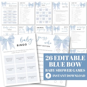 Blue Bow Baby Shower Game Bundle: 26 Editable Canva Templates (Digital Download)