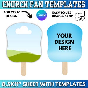 Puede incluir: Plantillas de abanicos de iglesia con el texto "CHURCH FAN TEMPLATES". La imagen muestra dos diseños de abanicos con mangos de madera. Un abanico tiene un diseño de paisaje, y el otro tiene el texto "YOUR DESIGN HERE". También se ve el texto "ADD YOUR DESIGN" y "EASY TO USE DRAG & DROP".