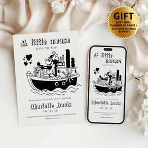 Vintage Steamboat Willie 1928 Baby Shower Invitation, Classic Mouse Steamboat Willie Baby Shower Invitation Vintage Mouse Decorations Evite
