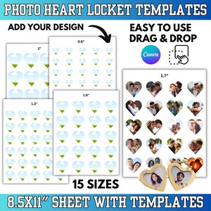 May include: A sheet with photo heart locket templates in 15 sizes, ranging from 0.9" to 2". The design includes heart-shaped templates with a blue and green design. The text reads "Add Your Design" and "Easy to Use Drag & Drop".