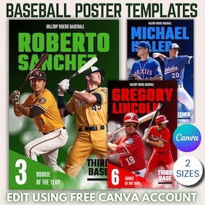 Op de afbeelding: Baseball poster templates met honkbalspelers in actie. De posters bevatten de namen "ROBERTO SANCHEZ", "MICHAEL KLER" en "GREGORY LINCOLN". De tekst "HILLTOP TIGERS BASEBALL" is ook aanwezig. De afbeelding bevat de tekst "3 Rookie of the Year", "6 Rookie of the Year" en "Third Base".