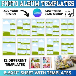 May include: A collection of photo album templates with a landscape and sky design. The image includes the text "Add Your Design", "Canva", and "Easy to Use Drag & Drop". The sheet size is 8.5x11 inches. The image also shows examples of completed photo albums.