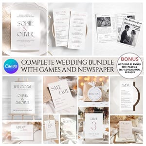 May include: A complete wedding bundle with printable templates for a wedding ceremony, reception, and save the date cards. The bundle includes a wedding planner, a self-love journal, and a wedding newspaper. The templates feature a modern minimalist design with a neutral colour palette of beige, white, and pink.