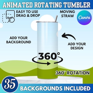 May include: Animated rotating tumbler with a moving straw. The design includes the text "Easy to use drag & drop", "Add your background", "Add your design", and "360° rotation". The image also states "35 backgrounds included".