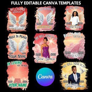 Puede incluir: Una colecci&oacute;n de plantillas de Canva con temas conmemorativos. Cada dise&ntilde;o presenta alas de &aacute;ngel, escaleras que conducen al cielo y las frases "In Loving Memory", "Rest in Peace" y "We Will Miss You". Incluye espacio para un nombre y fechas.