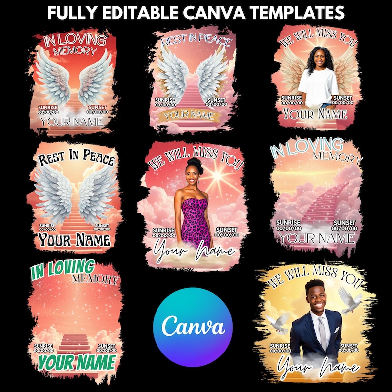 Puede incluir: Una colecci&oacute;n de plantillas de Canva con temas conmemorativos. Cada dise&ntilde;o presenta alas de &aacute;ngel, escaleras que conducen al cielo y las frases "In Loving Memory", "Rest in Peace" y "We Will Miss You". Incluye espacio para un nombre y fechas.