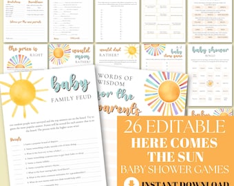 Retro Sun Baby Shower Game Bundle: 26 Editable Games (Digital Download)