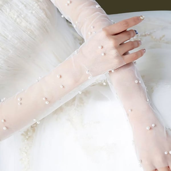 Pearl FINGERLESS Gloves, Long Tulle Bridal Wedding Gloves, pearl Tulle Gloves, pearl Lace Gloves, Tulle elbow long sheer Women Gloves