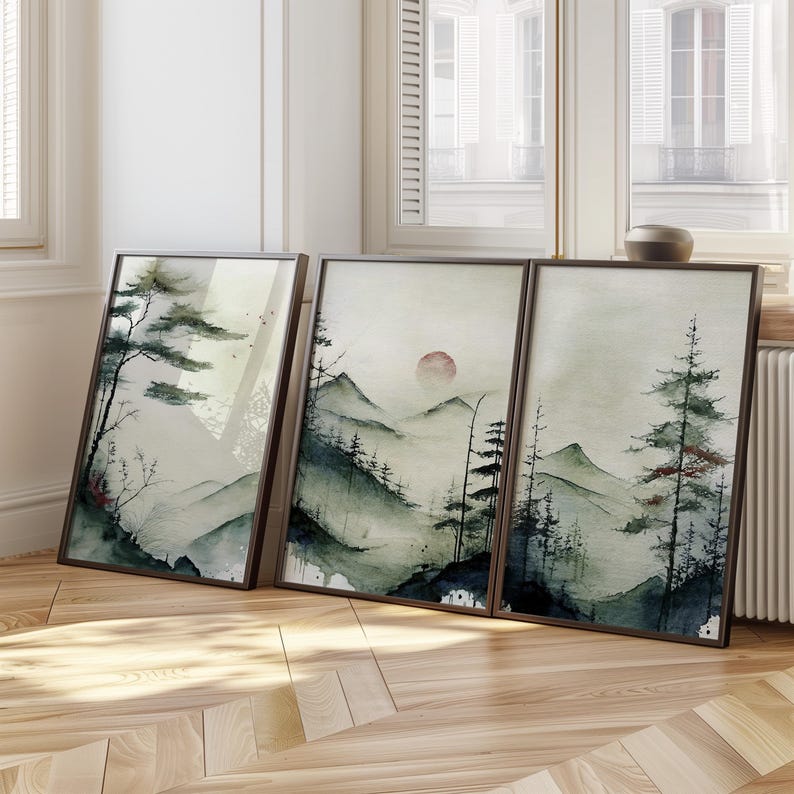 Watercolour Landscape Print Set of 3, Mountain Wall Art Trio, Nature ...