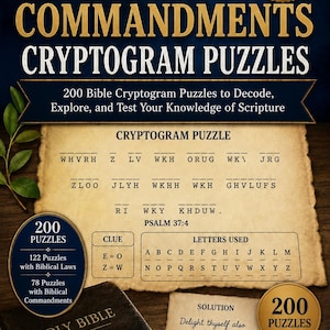 May include: A book cover titled 613 Laws and Commandments Cryptogram Puzzles by Gwendolyn McGill. It features a parchment-style page with a sample puzzle, a clue box, a solution section, and a Holy Bible. The text includes 200 Bible cryptogram puzzles.