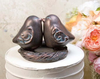 Bronze Colored Kissing Love Bird Wedding Cake Topper,Handmade Pottery Birds with Engraving of Names and Wedding Date Under Nest,Wedding Gift