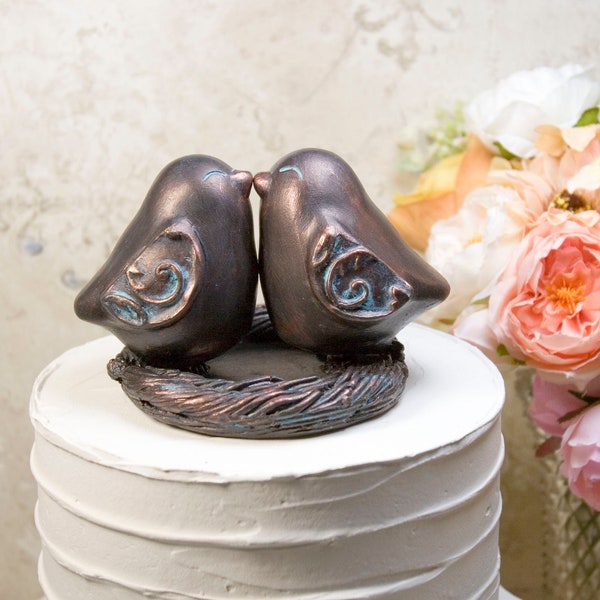 Bronze Colored Kissing Love Bird Wedding Cake Topper,Handmade Pottery Birds with Engraving of Names and Wedding Date Under Nest,Wedding Gift