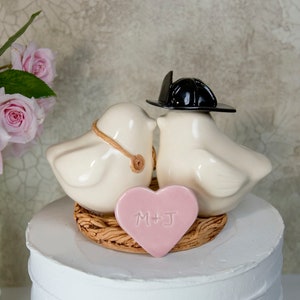 Firefighter and Nurse Wedding Cake Topper Love Birds with Initialized Heart Added to the Nest and Customized Engraving Under Nest image 1