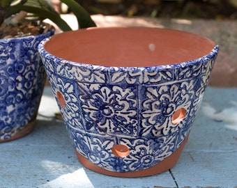 Orchid Pot with Blue and White Italian Tile Design,Terra-cotta Planter for Orchid Growers and Collectors,Orchid Pot with Large Air Holes