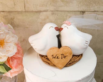 Love Bird Topper with Tie and Veil Customized to Suit Wedding Theme, Handmade Wedding Gift, Names and Wedding Date Engraved Under Nest