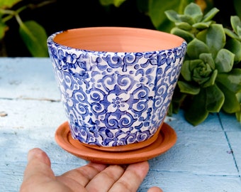 Small Blue and White Terra Cotta Planter with Italian Flower Design,Handmade Windowsill Herb Planter with Saucer, Unique Gift for Gardener